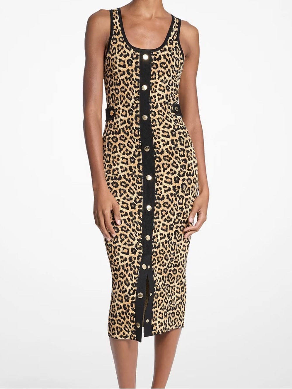 Michael Kors Leopard Print MidiTank Dress with Black Button Panel